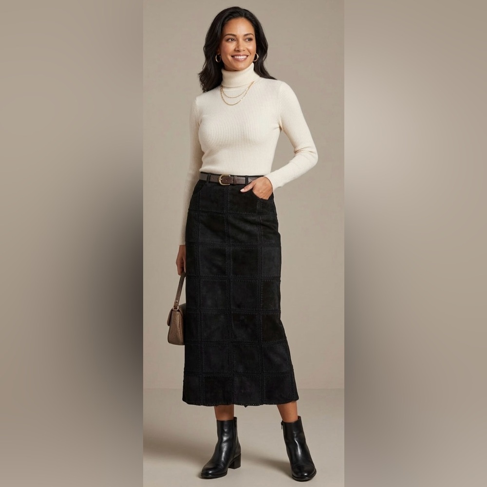 Vintage Handmade Classic Black Suede Leather Patchwork Midi Skirt